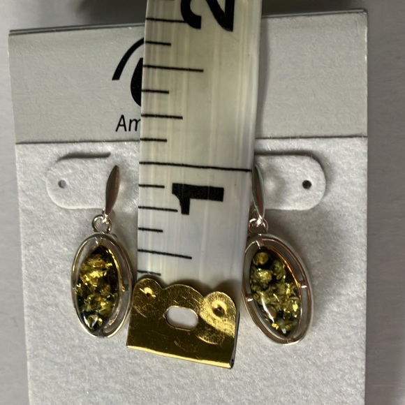 Green Baltic Amber Drop Earrings Sterling Silver Dangle - Picture 9 of 9